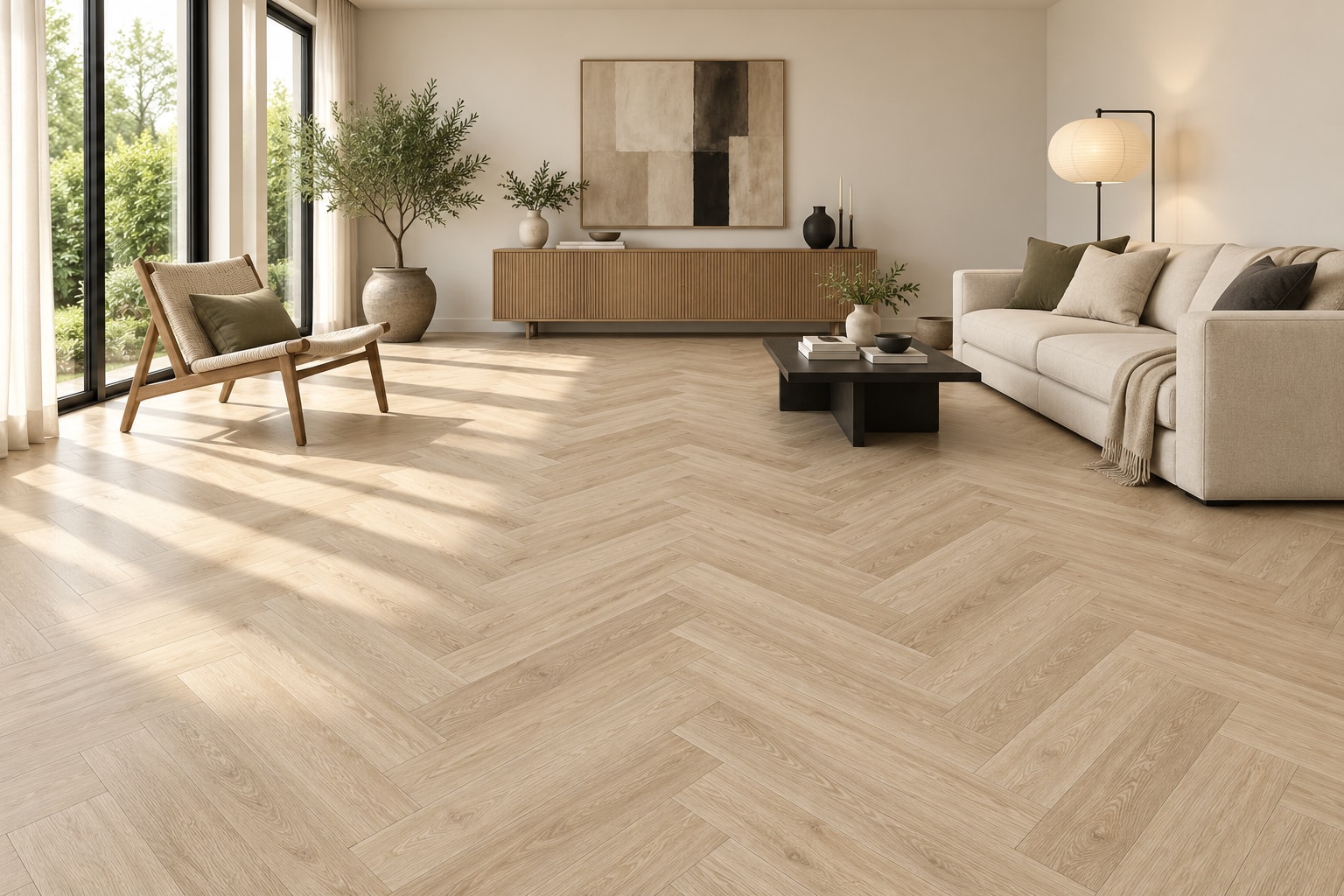 TechFloor Optimal Visgraat 22601 Waldport: sfeerimpressie van een woonkamer met deze vloer