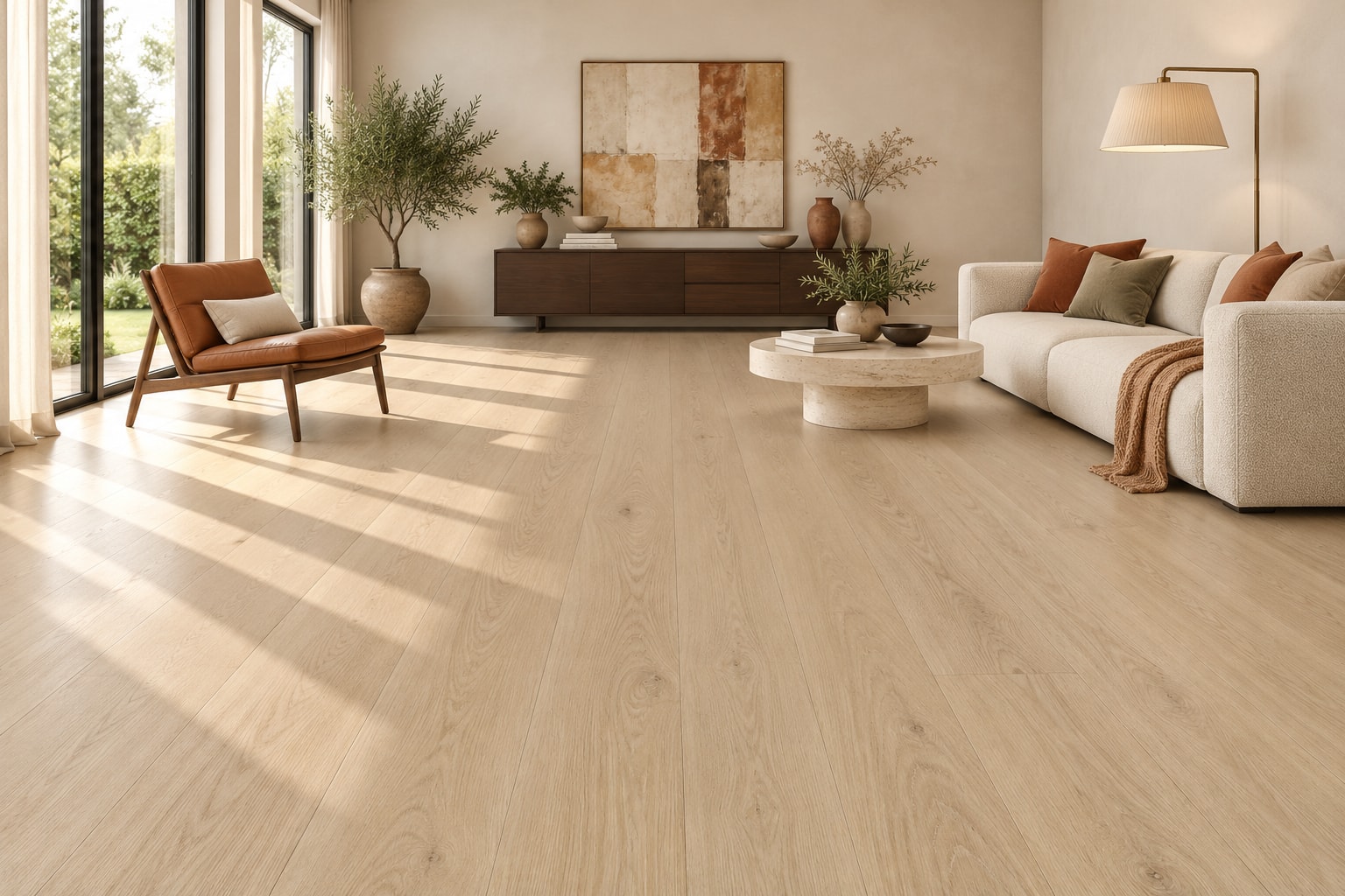 TechFloor Pacific A Rechte Plank 12300 Olympia Extra Mat – Variant B: sfeerimpressie van een woonkamer met deze vloer