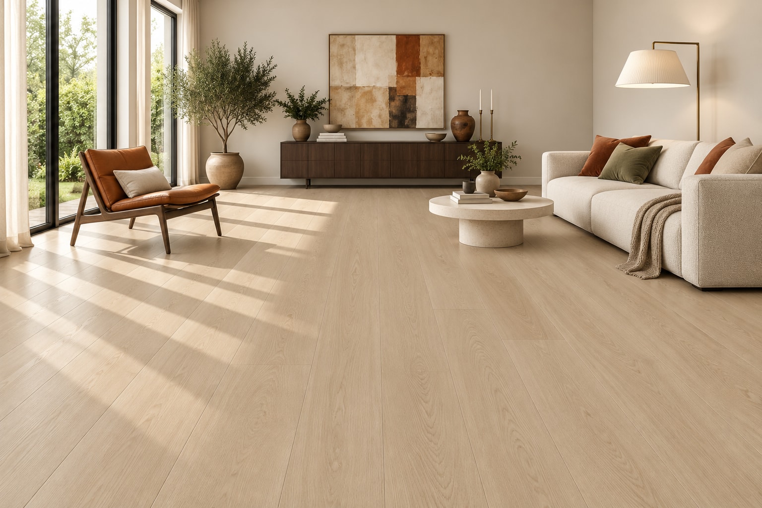 TechFloor Pacific A Rechte Plank 12300 Olympia Extra Mat – Variant A: sfeerimpressie van een woonkamer met deze vloer