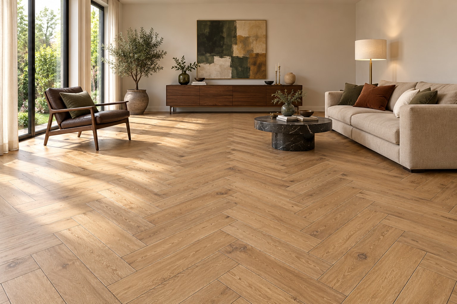 TechFloor Atlantic Visgraat 24200: sfeerimpressie van een woonkamer met deze vloer